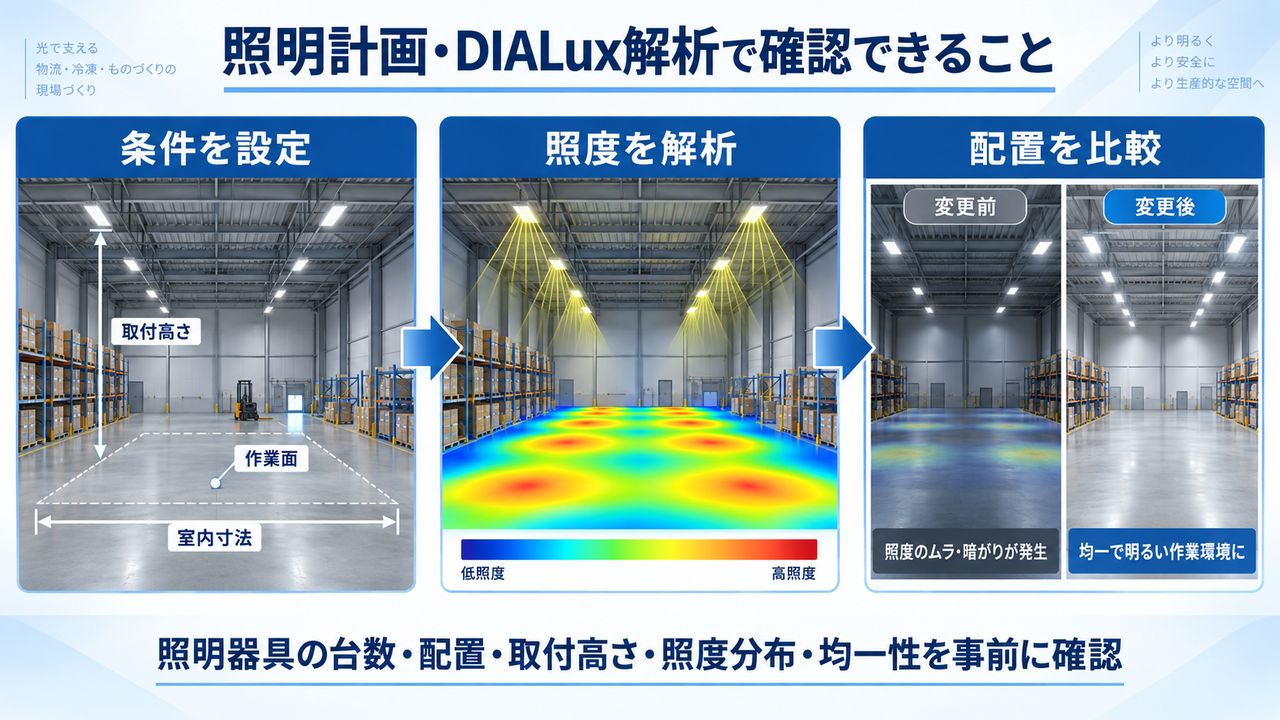 照明計画・DIALux解析による条件設定、照度解析、照明器具配置の比較